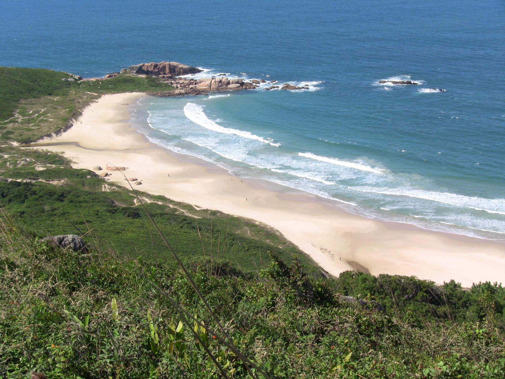 Luftaufnahme des abgelegenen Lagoinha do Leste Strandes in Florianópolis, Brasilien. Feiner weißer Sand, Wellen des Atlantiks und grüne Hügel im Hintergrund.